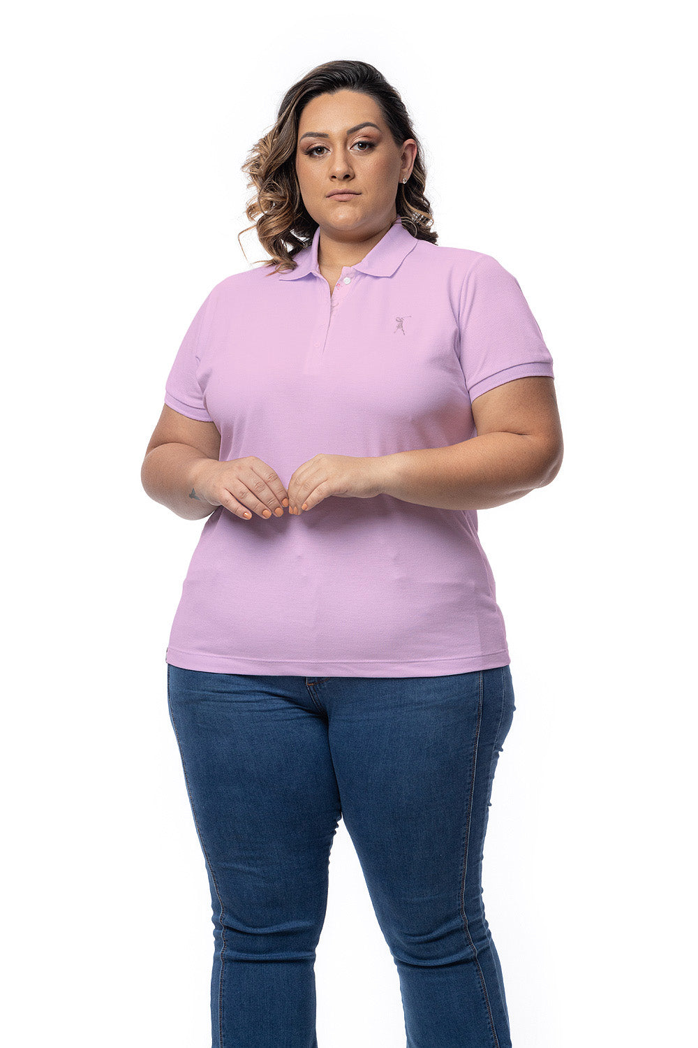 Baby Look Polo Bordada Plus Size
