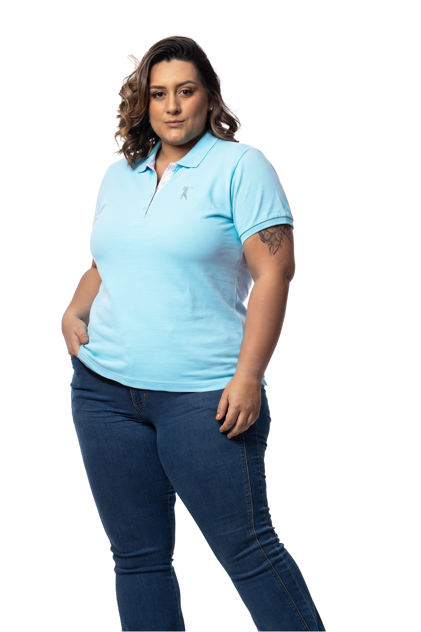 Baby Look Polo Bordada Plus Size