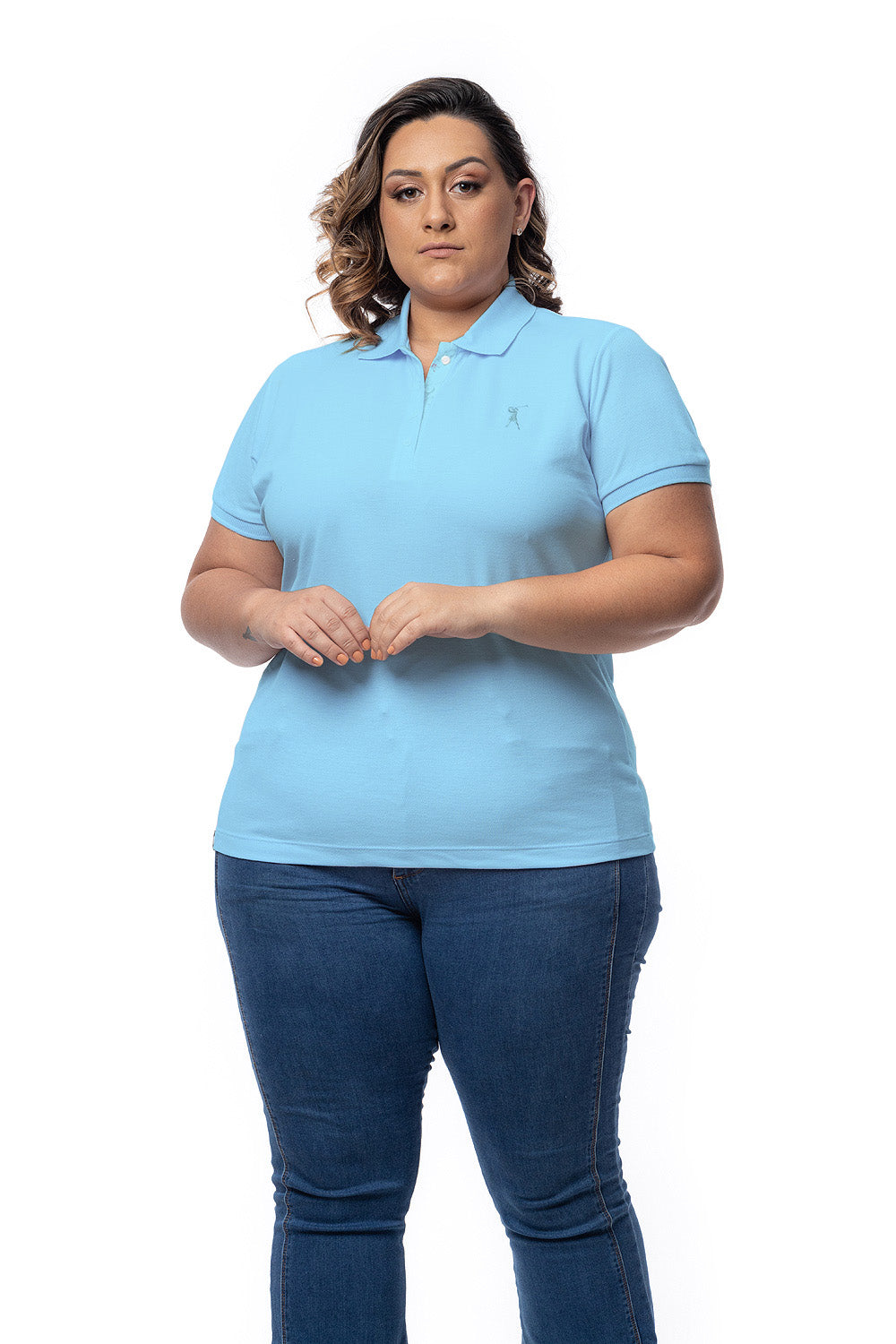 Baby Look Polo Bordada Plus Size