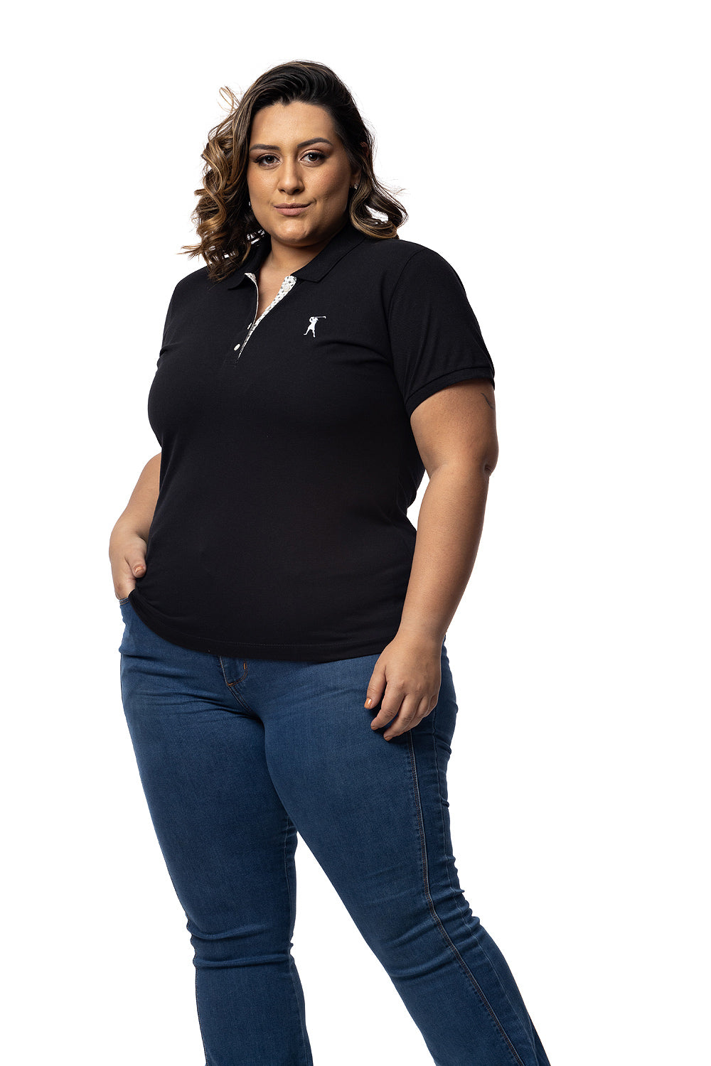 Baby Look Polo Bordada Plus Size