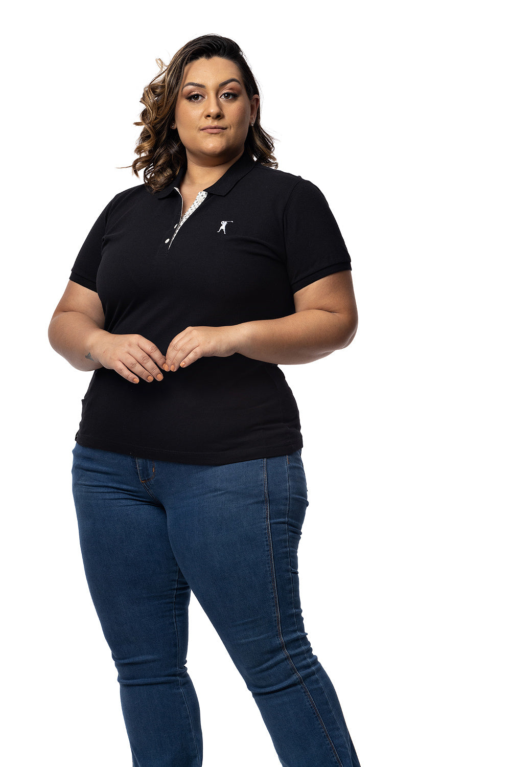 Baby Look Polo Bordada Plus Size