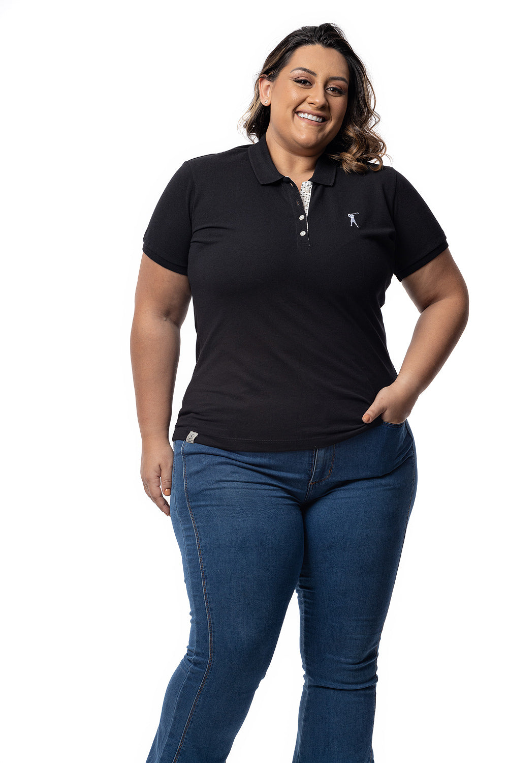 Baby Look Polo Bordada Plus Size